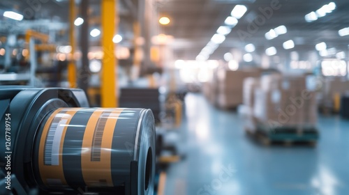 Close-Up of Industrial Labeling Machine in Warehouse Environment