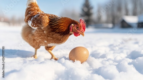 A chicken interacting with an egg laid in the snow, showcasing the beauty of nature and the natural instincts of animals in a serene winter setting. photo