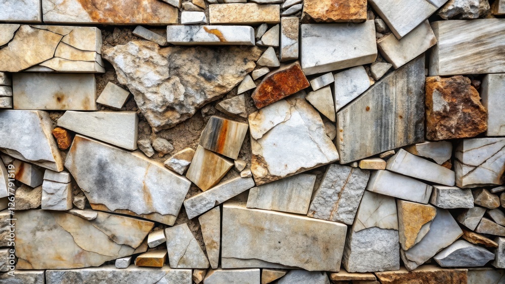 A close-up view of a textured wall made from irregular pieces of stone in various shades of beige, white and brown. A close-up view of a textured wall made from irregular pieces of stone in various shades of beige, white and brown.