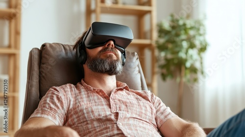 A man reclines while wearing a VR headset, embodying a moment of escapism and leisure, showcasing how technology enhances personal experiences.