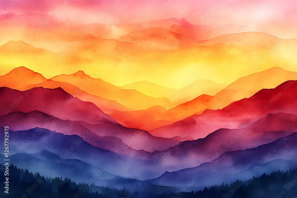Vibrant sunset over layered mountains with a colorful sky and misty valleys in the background Vibrant sunset over layered mountains with a colorful sky and misty valleys in the background