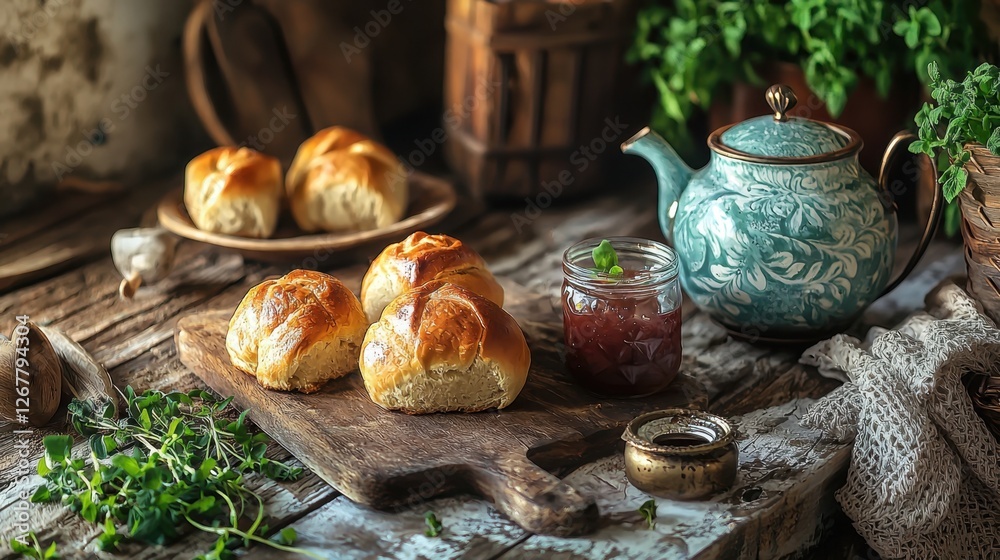 Rustic Homecooked Breakfast: Fresh Baked Bread and Croissants with Tea and Jam on Vintage Wooden Board