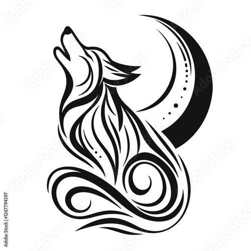 Tribal howling wolf with moon vector illustration
