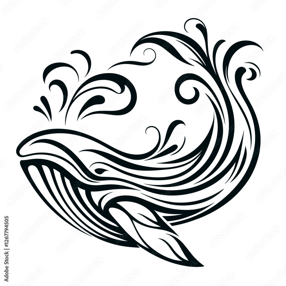 Obraz premium Tribal whale with water splashes vector illustration
