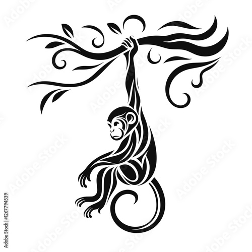 Tribal monkey hanging from branch vector illustration