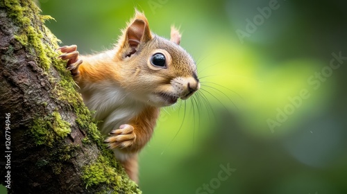 A charming squirrel curiously peeks from a tree trunk, showcasing its playful and inquisitive nature amidst a lush green background, illustrating the beauty of wildlife. photo