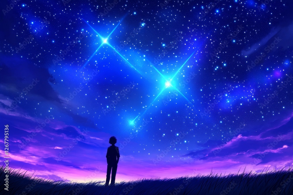 Peaceful Night Sky Dreamscape - A solitary figure gazes upon a breathtaking night sky, filled with vibrant stars and shooting stars. Symbolizing hope, wonder, peace, serenity, and dreams Peaceful Night Sky Dreamscape - A solitary figure gazes upon a breathtaking night sky, filled with vibrant stars and shooting stars. Symbolizing hope, wonder, peace, serenity, and dreams