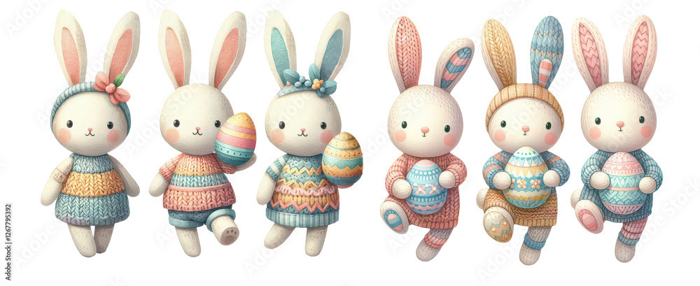 Obraz premium cute cartoon rabbit wear cool and beautiful clothes, holding colorful eggs and carrot, idea of easter bunny holiday design