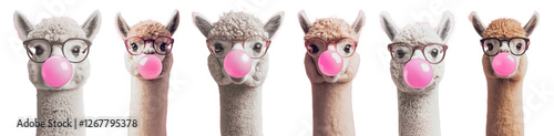 Set of various front photograph of an alpaca blowing pink bubble gum, wearing...