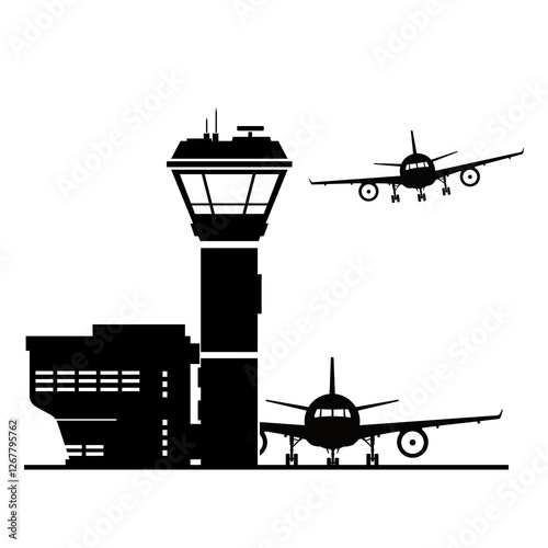 Airport icon with control tower terminal building and aircraft landing and taking off - Black Silhouette illustration Icon Vector