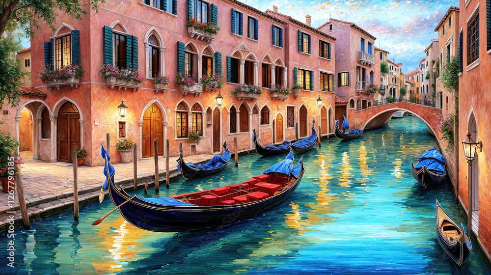 Obraz premium Venice canals with gondolas atmospheric landscape, oil painting style illustration