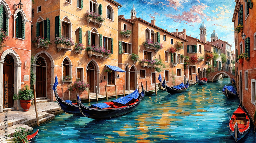 Obraz premium Venice canals with gondolas atmospheric landscape, oil painting style illustration