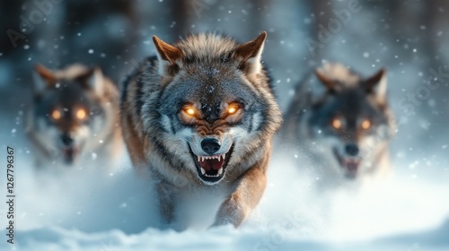 A pack of wolves with glowing eyes charging through a snowy forest, displaying their fierce nature and majestic presence as they hunt in the cold wilderness. photo