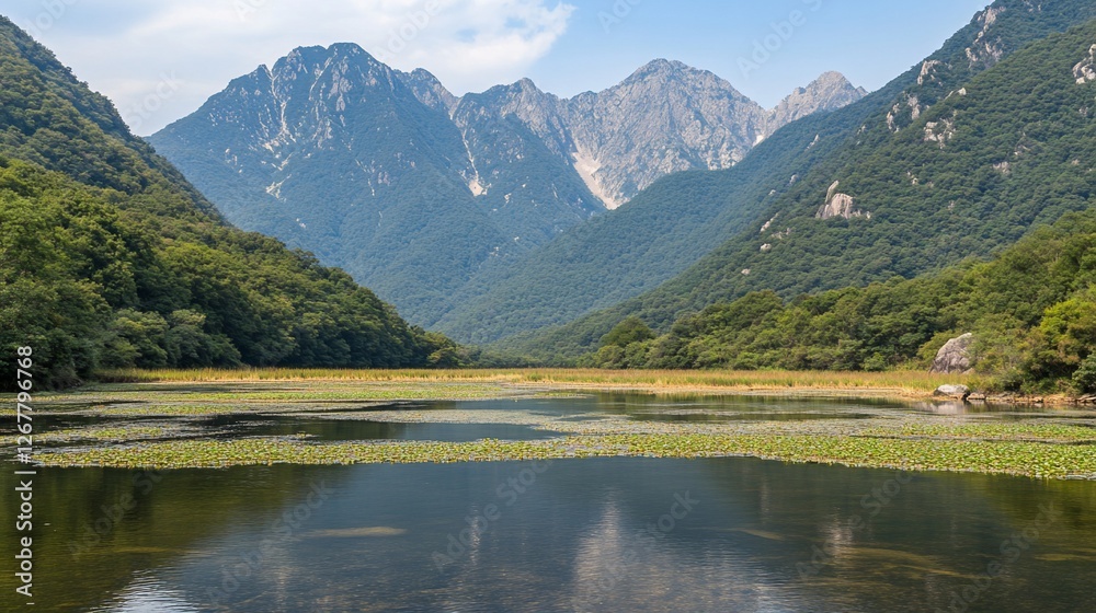 Fototapeta premium Mountain lake serene landscape reflection travel poster