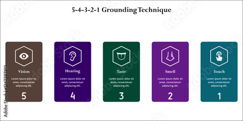 5-4-3-2-1 Grounding Technique - Vision, Hearing, Taste, Smell, Touch. Infographic template with icons and description placeholder