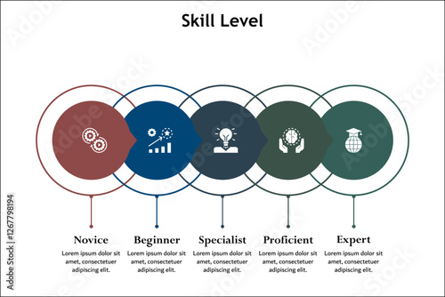 Skill Levels - Novice, Beginner, Specialist, Proficient, Expert. Infographic template with icons and description placeholder