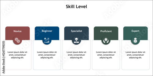 Skill Levels - Novice, Beginner, Specialist, Proficient, Expert. Infographic template with icons and description placeholder