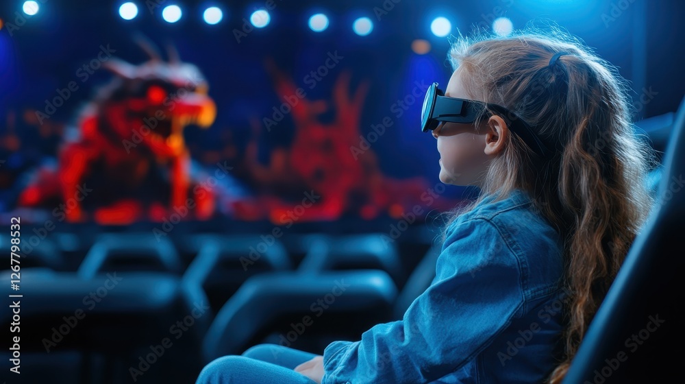 A child sits in a modern cinema, wearing 3D glasses, absorbed by the film's action, reflecting the captivating nature of cinematic storytelling. A child sits in a modern cinema, wearing 3D glasses, absorbed by the film's action, reflecting the captivating nature of cinematic storytelling.
