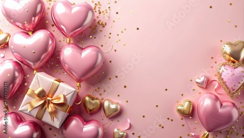 Pink and gold heart balloons, confetti, and a gift box on a soft pink background.