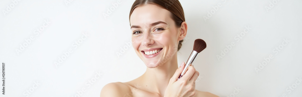 Young Woman With A Bright Smile Holds A Makeup Brush Against A Crisp White Background In A Simple Composition. 00001 Young Woman With A Bright Smile Holds A Makeup Brush Against A Crisp White Background In A Simple Composition. 00001