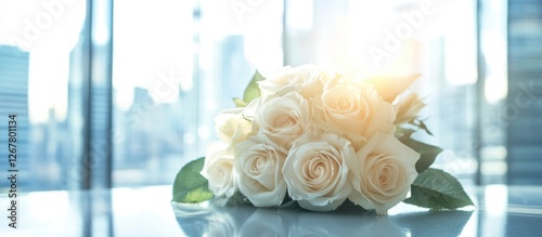 Elegant White Rose Bouquet near Cityscape Window photo