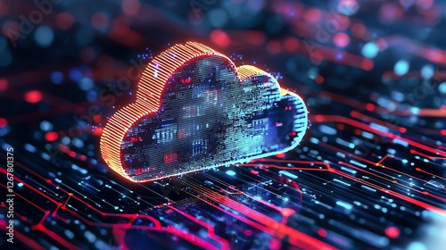 A vibrant digital cloud symbol representing cloud computing and data storage.
