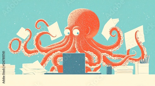 A whimsical illustration of an octopus multitasking at a desk, using a computer.