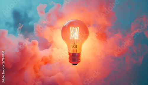 Creative light bulb surrounded by colorful cloud of orange and pink smoke