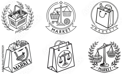 Market Shopping Basket and Scale Emblem Grocery Store and Retail Vector Illustration