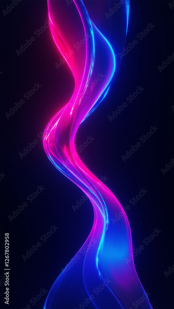 Naklejka premium Futuristic digital network with glowing blue and purple neon lines, floating geometric shapes, and a deep black background