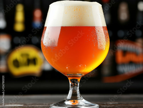 Amber Ale in Snifter Glass: A tempting amber ale fills a snifter glass, its foamy head crowning the rich, reddish-orange liquid. The blurred background hints at a lively pub atmosphere.