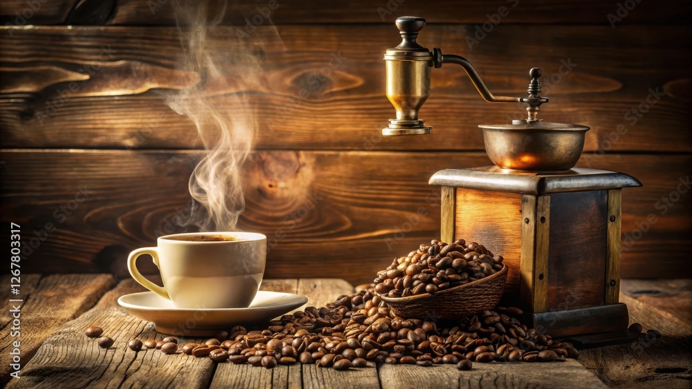 A steaming cup of coffee rests on a rustic wooden table, surrounded by roasted beans and an antique coffee grinder. A steaming cup of coffee rests on a rustic wooden table, surrounded by roasted beans and an antique coffee grinder.