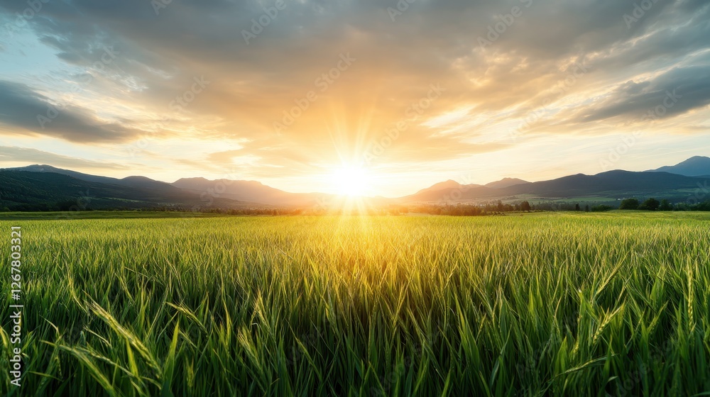 Amidst a lush green wheat field, the setting sun casts a golden glow, creating a tranquil atmosphere that invites peace and connection with nature. Amidst a lush green wheat field, the setting sun casts a golden glow, creating a tranquil atmosphere that invites peace and connection with nature.