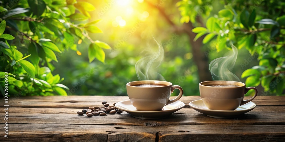 Two steaming cups of coffee on a rustic wooden table with scattered coffee beans, surrounded by lush green foliage and bathed in warm sunlight. Two steaming cups of coffee on a rustic wooden table with scattered coffee beans, surrounded by lush green foliage and bathed in warm sunlight.
