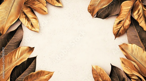 Elegant arrangement of golden leaves on a textured background for creative designs.