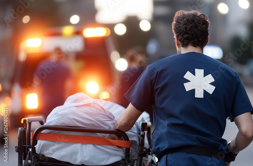 paramedic wheeling a patient into the emergency department under bright hospital lights