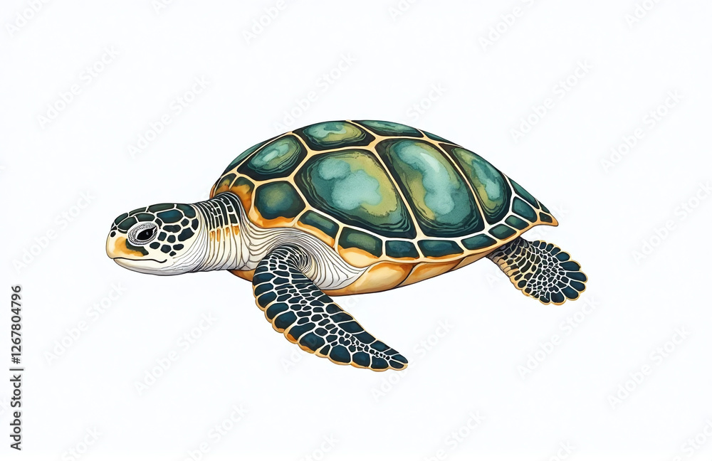 Obraz premium A Delicate Illustration Of A Hawksbill Turtle Is Depicted In Vivid Watercolors Against A Crisp White Background. 00002