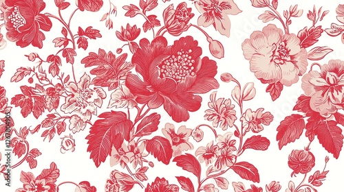 Vibrant floral pattern featuring intricate red flowers on a light background.