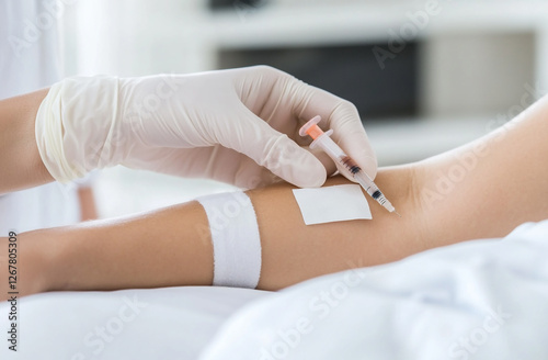 nurse inserting an IV line into a patient’s arm under bright medical lights.
