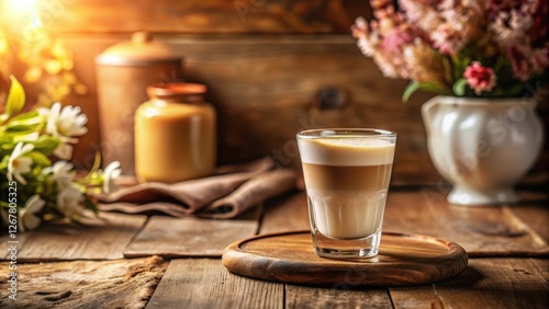 A glass of creamy latte on a rustic wooden surface with soft lighting and floral accents.