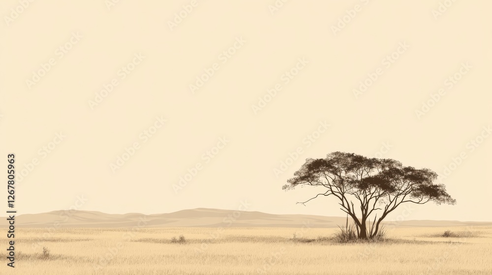 Fototapeta premium Desolate African Savanna Tree, Peaceful Landscape, Stock Photo