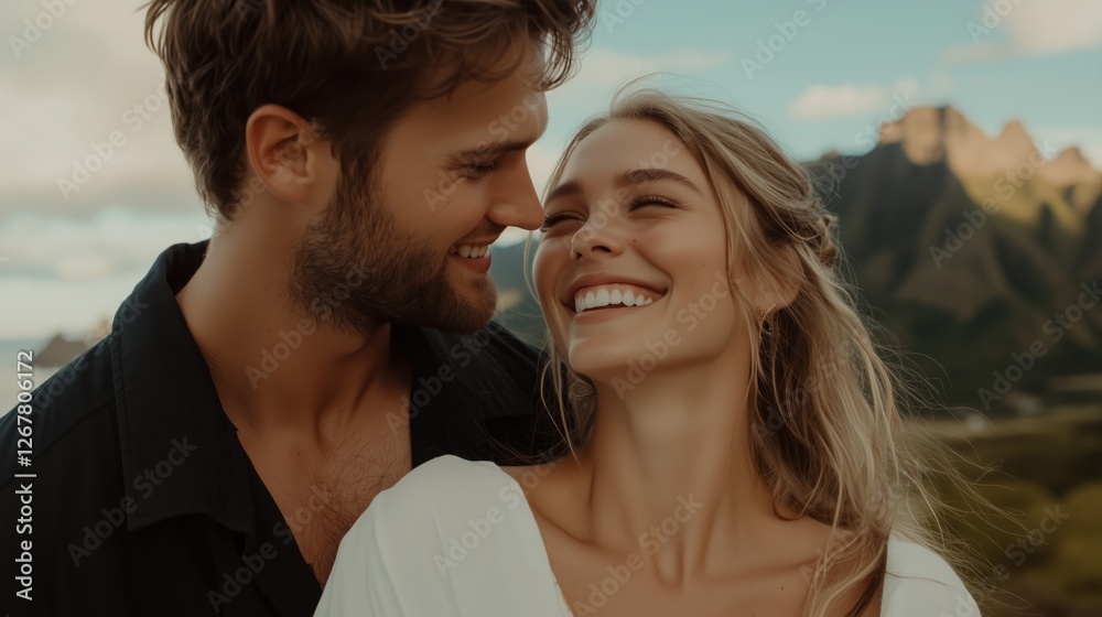 Romantic couple embracing in beautiful nature landscape adventure serenity Romantic couple embracing in beautiful nature landscape adventure serenity