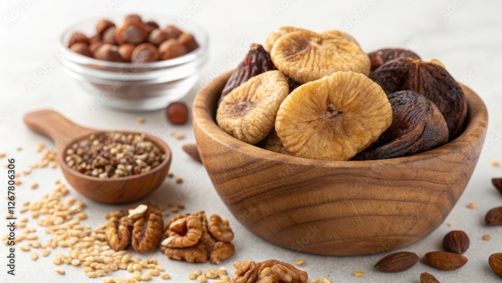 Figs are rich in antioxidants. Dried fruits and nuts in a wooden bowl with seeds on a light background. Figs are rich in antioxidants. Dried fruits and nuts in a wooden bowl with seeds on a light background.