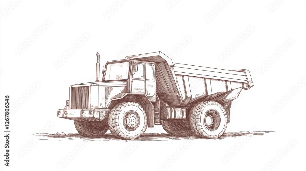 Naklejka premium Dump truck drawing, construction site background, industrial illustration