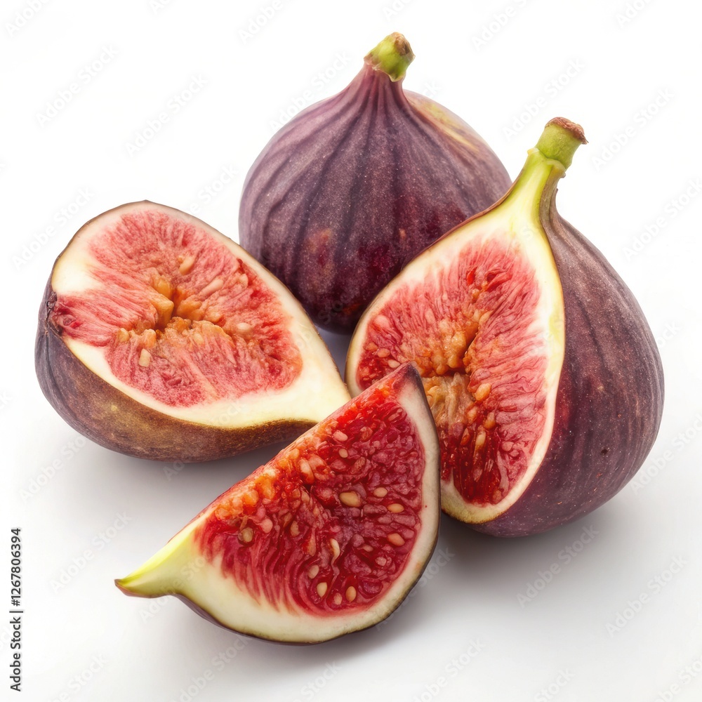 Figs are rich in antioxidants. Fresh figs displayed whole and sliced, showcasing their vibrant red interior. Figs are rich in antioxidants. Fresh figs displayed whole and sliced, showcasing their vibrant red interior.