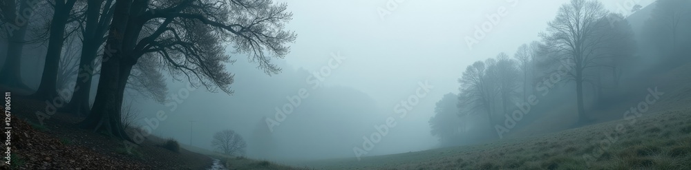 Naklejka premium Soft gray fog clung to the branches of trees in the valley, wet ground, mist
