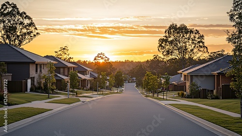 Suburban street sunset, homes, trees, peaceful evening, real estate
