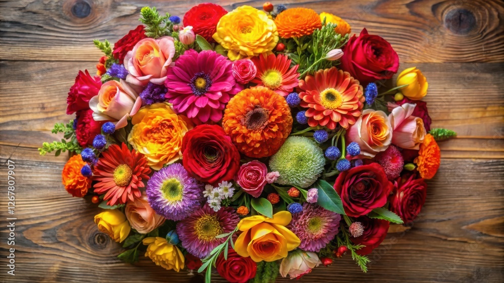 A Vibrant Bouquet of Colorful Flowers, a Symphony of Petals Arranged in a Circular Composition on a Rustic Wooden Background A Vibrant Bouquet of Colorful Flowers, a Symphony of Petals Arranged in a Circular Composition on a Rustic Wooden Background