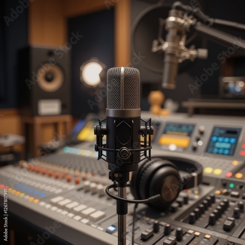 A white steel microphone stands ready for audio production