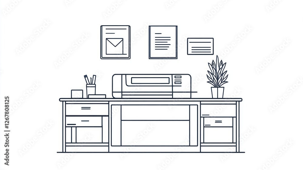 Line drawing of an office desk with printer, documents, and plant. Suitable for office design, stationery, or business presentations Line drawing of an office desk with printer, documents, and plant. Suitable for office design, stationery, or business presentations